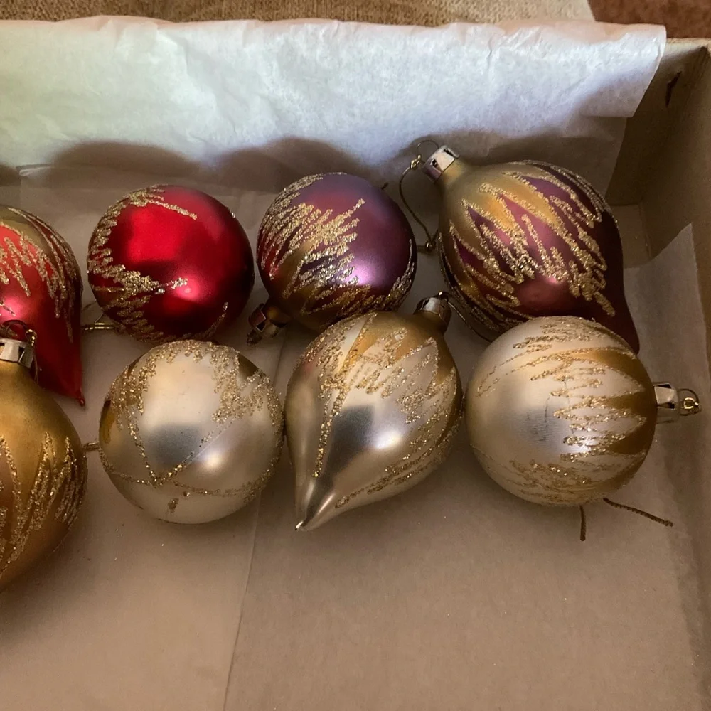 Vintage Christmas Classics Ornaments Set Of 10 Glass Colorful W Gold Sparkles - Picture 5 of 10